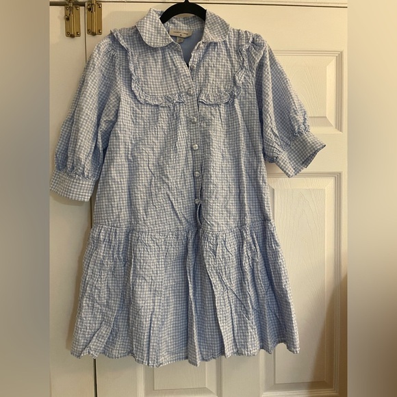 Sandy Liang Dresses & Skirts - Sandy Liang Blue and white seersucker Gingham Button-Down 3/4 sleeve Dress XS